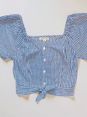 Aeropostale Blue and White Striped Tie-Front Square Neck Top